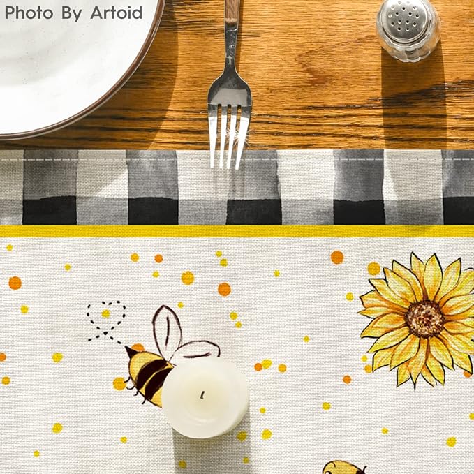 Artoid Mode Buffalo Plaid Sunflower Gnome Bee Summer Table Runner, Seasonal - Image 7