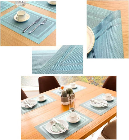 PIGCHCY Heat Insulation Non Slip Plastic Placemats,Washable Easy to Clean Woven Vinyl Kitchen Stain Resistant Placemats for Dining Table Set of 6 (Sky Blue)