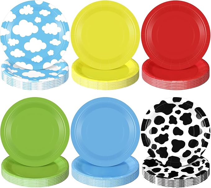 60 Pcs 7 Inch Toy Inspired Paper Plates Cow Pattern Cloud Plates Decorations Yellow Red Blue Green Disposable Dessert Dish for Party Farm Themed Birthday Party Supplies