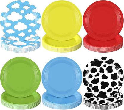 60 Pcs 7 Inch Toy Inspired Paper Plates Cow Pattern Cloud Plates Decorations Yellow Red Blue Green Disposable Dessert Dish for Party Farm Themed Birthday Party Supplies