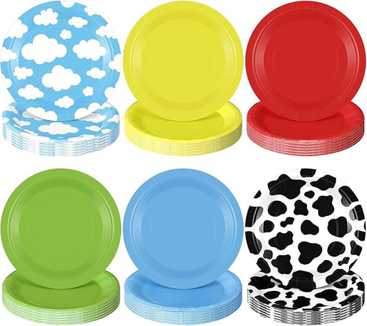 60 Pcs 7 Inch Toy Inspired Paper Plates Cow Pattern Cloud Plates Decorations Yellow Red Blue Green Disposable Dessert Dish for Party Farm Themed Birthday Party Supplies
