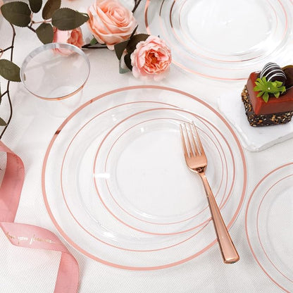 bUCLA 600PCS Clear Rose Gold Plastic Dinnerware Set Disposable - Image 7