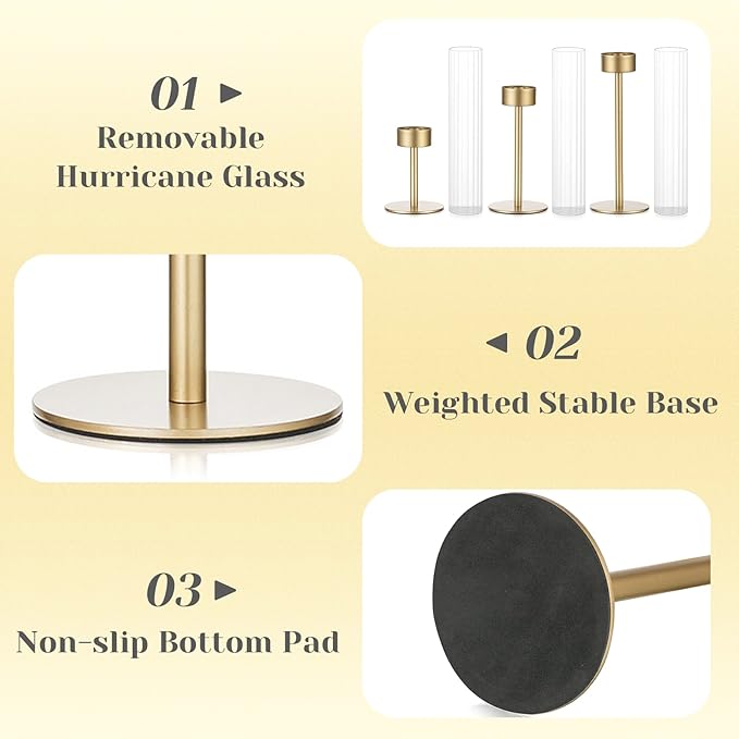 Hewory Gold Hurricane Candle Holders: Brass Candlestick Holders Set of 3 Tall Taper Candle Holders for Candlesticks Candle Sticks Holder Decor for Table Centerpiece Wedding Party Christmas Decorations