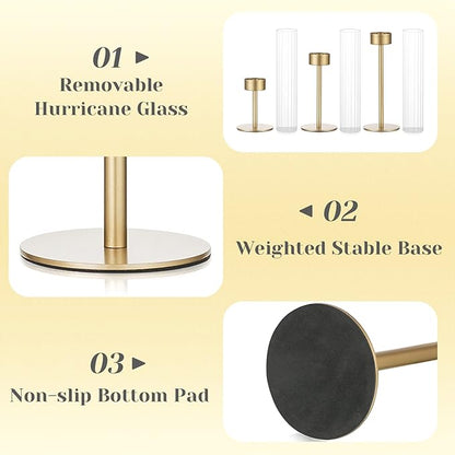 Hewory Gold Hurricane Candle Holders: Brass Candlestick Holders Set of 3 Tall Taper Candle Holders for Candlesticks Candle Sticks Holder Decor for Table Centerpiece Wedding Party Christmas Decorations