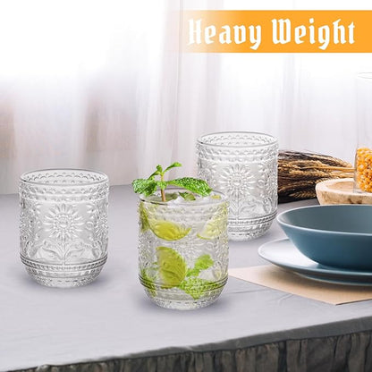 Topsky Clear Vintage Drinking Glass Set of 6,12 oz Embossed Floral Decorative Glassware Set,Glass Cups Wine Glasses Beverages Tumblers Colored Glassware for Whisky,Beer,Juice,Cocktail,Heavy Duty