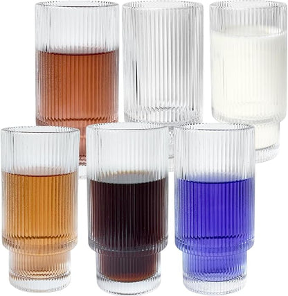 XKXKKE 12 oz Ribbed Drinking Glasses Set of 6, Highball Glass Cups Ridged Glass by XKXKKE
