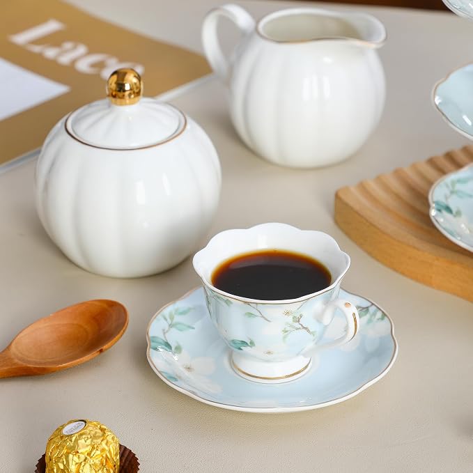 2.5oz Porcelain Demitasse Set of 6, 75ml Blue & Gold Floral | Embossed floral - Image 6
