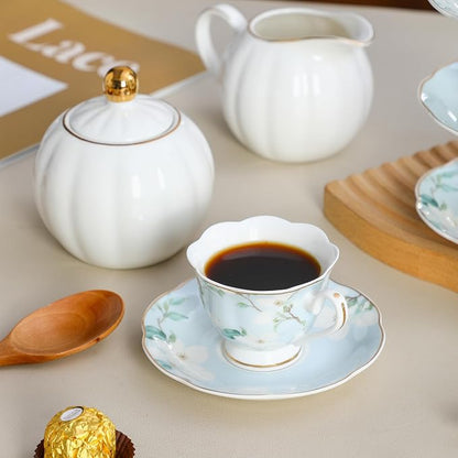 2.5oz Porcelain Demitasse Set of 6, 75ml Blue & Gold Floral | Embossed floral - Image 6