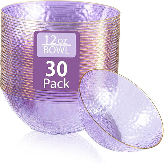 Rubtlamp 30 Pack Clear Purple Disposable Bowls, Clear Plastic Bowls with Gold Rim, 12-16oz Premium Heavy Duty Plastic Dessert Bowls, Purple Disposable Bowls, for Party