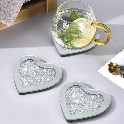 Glass Mirrored Coasters Set of 4, Heart Shaped Coasters with Crystal Diamond, Mirrored Silver Glass Cup Mats for Drinks, Advanced Top Decorations (4" x 4")