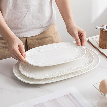 Oval Serving Platter, 14"/12"/10" Ceramic Serving Platters, Embossed White Serving Plates, Stackable Porcelain Tray for Appetizer, Dessert, Pasta, Sushi, Oven Dishwasher Safe, Set of 3, Family Dining