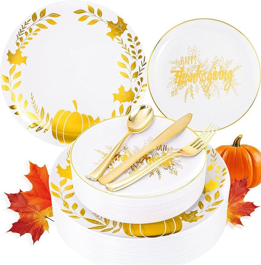 Ciaell 125PCS Thanksgiving Plastic Plates - Fall Pumpkin Disposable Plates White and Gold Heavy Duty Dinnerware Set include 25Dinner Plate, 25Desset Plate, 25Knives, 25Forks, 25Spoons for Thanksgiving