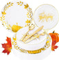 Ciaell 125PCS Thanksgiving Plastic Plates - Fall Pumpkin Disposable Plates White and Gold Heavy Duty Dinnerware Set include 25Dinner Plate, 25Desset Plate, 25Knives, 25Forks, 25Spoons for Thanksgiving