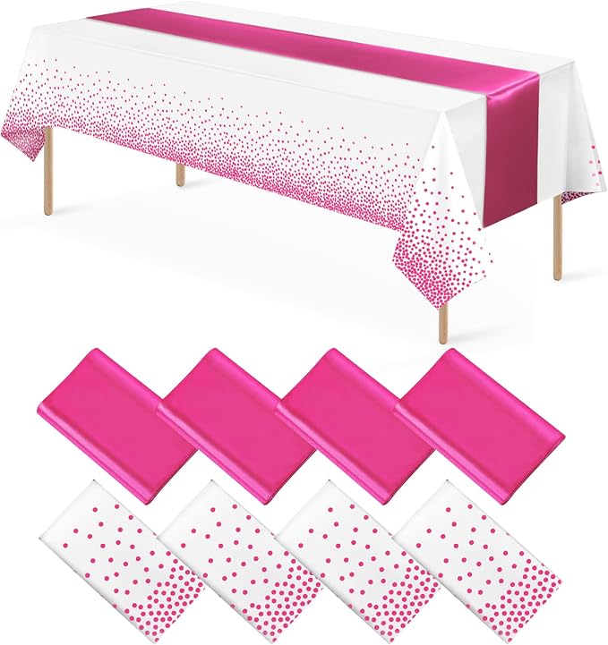 MASHAN 8Pack Disposable Plastic Party Tablecloths & Satin Table Runner Set by MASHAN