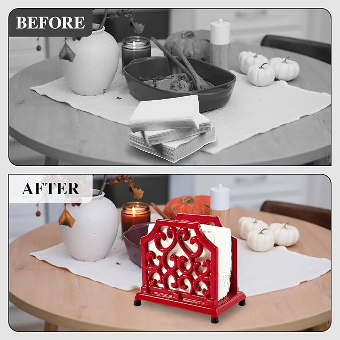 JOGREFUL Cast Iron Napkin Holder, Kitchen Organizer Dense Scrollwork Red | - Image 4