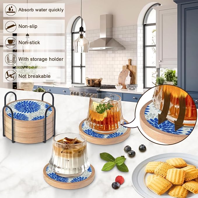 Wood Coasters Set of 6 with Holder, Cewiru Cup Mat - Image 2