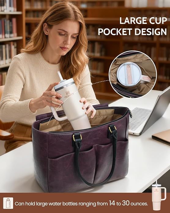 Laptop Tote Bag for Women, Leather Work Tote - Image 5