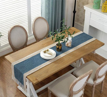 Rustic Table Runner with Fringe 15 x 108 Inches Long Blue | Natural Elegant - Image 3