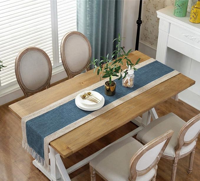 Farmhouse Rustic Faux Linen Dining Table Runner 15 x 79 Inch Blue | Boho Heavy - Image 3