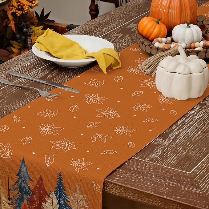 Fall Watercolor Trees & Maple Leaves Table Runner 13x72 Inch, Rustic Farmhouse - Image 6