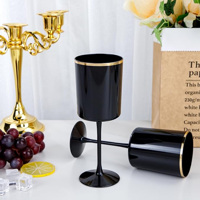 Ciaell 12 Pack Black and Gold Plastic Wine Glasses - Image 3