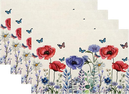 Independence Day Floral Placemats 12x18 Inches Set of 4, 4th of July Blue Red Flower Placemats Summer Decorative Rectangle Modern Table Mats for Party Home Kitchen Dining Table Decoration