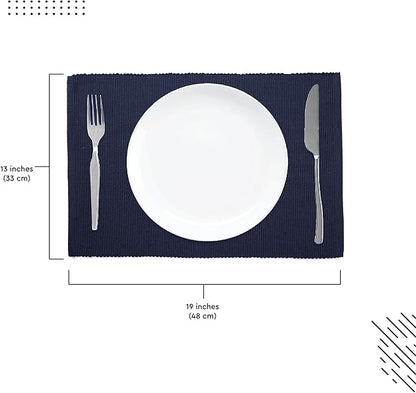 Encasa XO Dining Placemat Set of 6 | Solid Navy Blue Color | Fine Ribbed Cotton Table mat | Size 19x13 in | Machine Washable