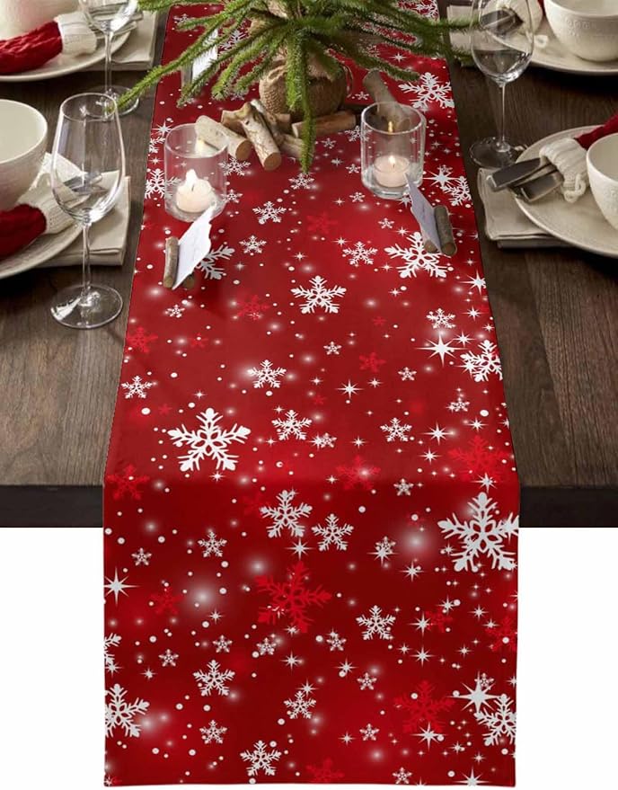 Red Christmas Table Runners 120 Inches Long, Cotton Linen Fabric Snowflake by Edwiinsa