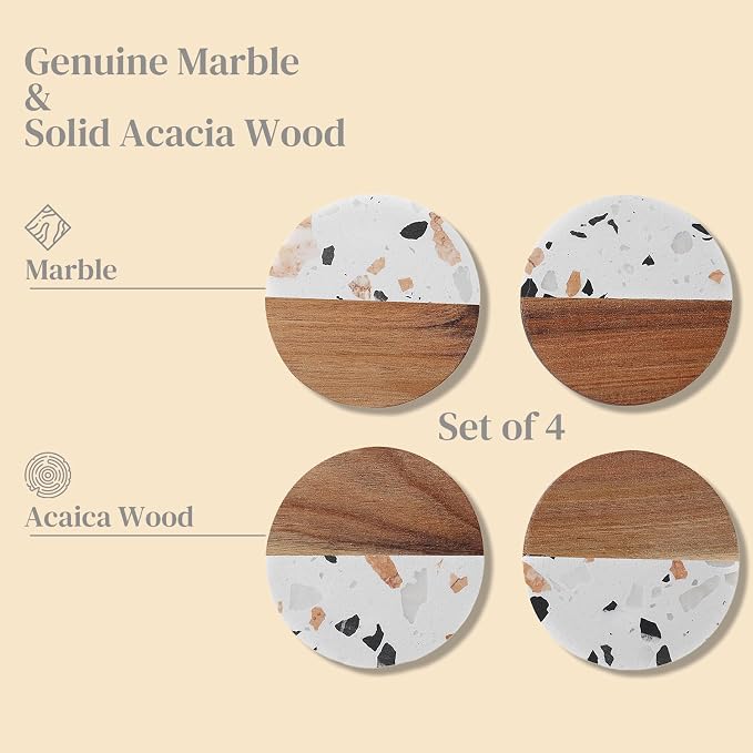 Drink Acacia Wood-Marble Coasters Set of 4, Cup Coaster - Image 6