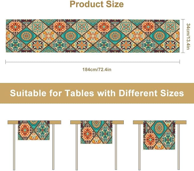 Bohemian Patchwork Table Runnerboho Colorful Tile Patchwork Indian Floral Print - Image 8