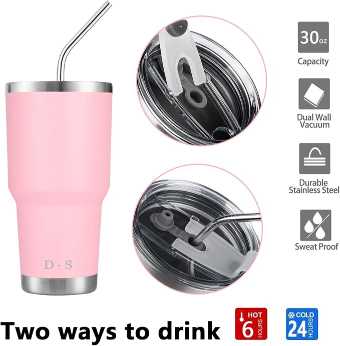 D·S 30 oz Pink Tumbler Double Wall Vacuum Insulated Travel Coffee Mug | Double - Image 3