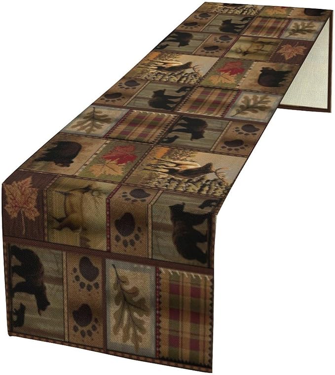 Rustic Bear Table Runner, Vintage Cottage Country Style Pine Tree Elk Wildlife by Yearn+Jear