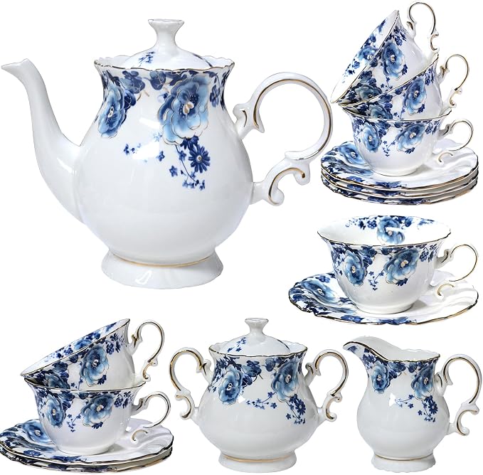 21-Piece Bone China Tea Set for Adults, Vintage Floral Tea Cup Set by LEPOTOCLO