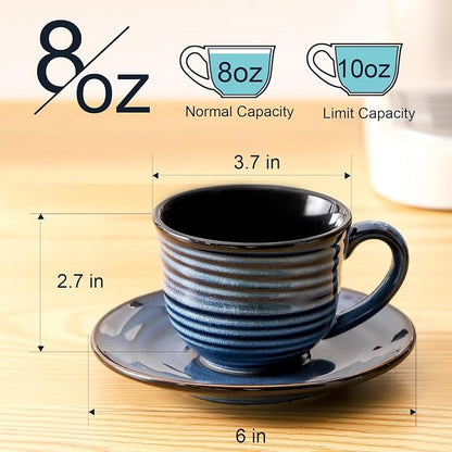 HASENSE Ceramic Cappuccino Cups and Saucers Set of 4, 8 oz Tea Coffee Cups Set - Image 2