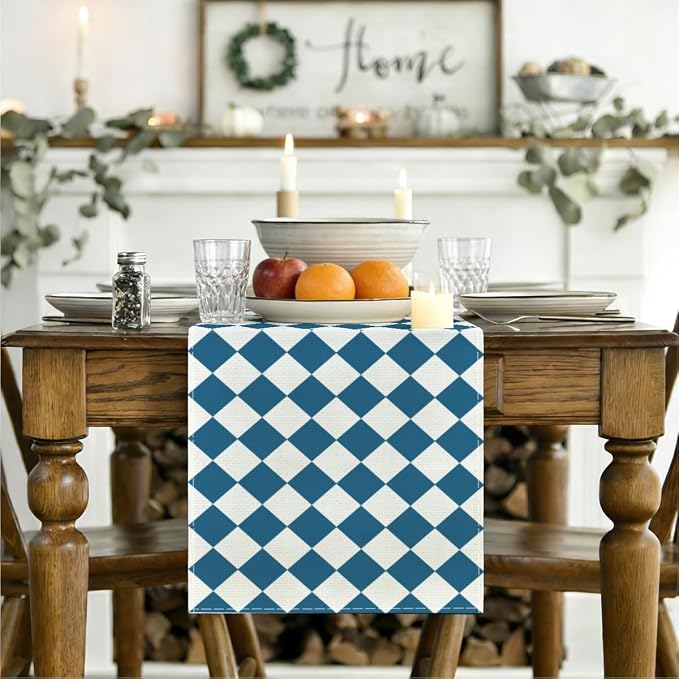 Blue White Diamond Table Runner, Tea Themed Party Decoration | Long Checkered - Image 3