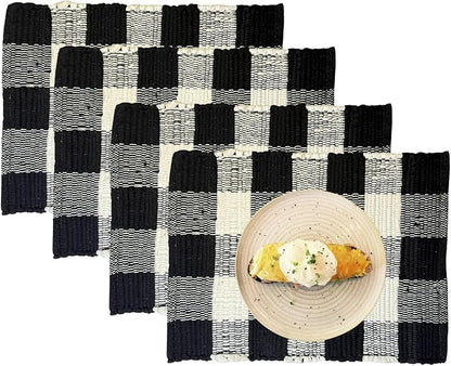 Perilla Home Cotton Placemat Set of 4 Table Mats for Kitchen Dining Home Decor Vintage Boho Rectangle Placemats (Black and White 13"x19")