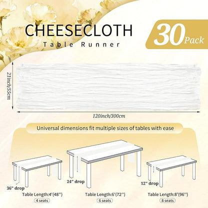 30 Pack Cheesecloth Table Runner 10FT Ivory White Table Runner Boho Gauze - Image 2