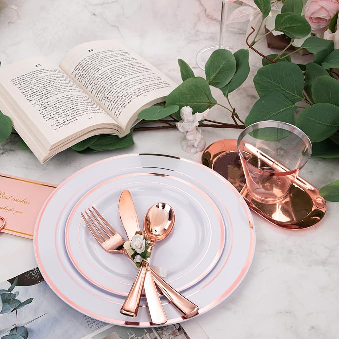 WELLIFE 350 Pieces Rose Gold Plastic Dinnerware, 50 Guests Disposable Plates - Image 6