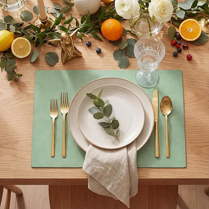 Artoid Mode Sage Faux Leather Placemats Set of 6, 12x18 Inch Waterproof Wipeable Heat Resistant Vinyl Place Mats, Reversible Table Mats for Spring Kitchen Dining Decor