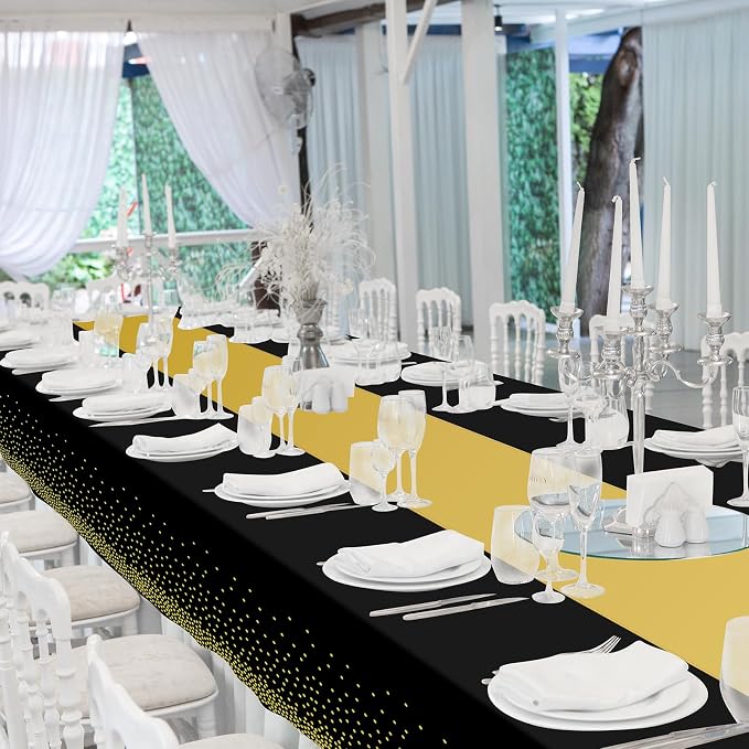 12 Pack Black and Gold Tablecloth and Table Runner Set Party Decorations - Image 7