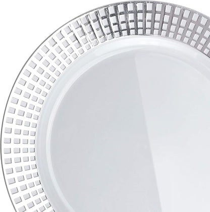 OCCASIONS 240 Plates Pack,(120 Guests) Premium Wedding Party Disposable Plastic Plates Set -120 x 10.25'' Dinner + 120 x 7.5'' Salad/Dessert (Princess White/Silver)