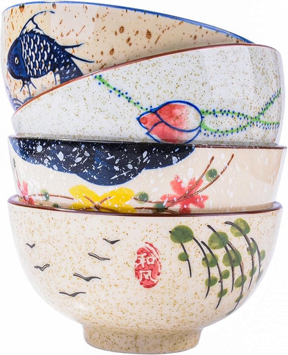 Japanese Retro Rice Bowls Set of 4 Hand-Painted Floral Design Ceramic Soup by Whitenesser
