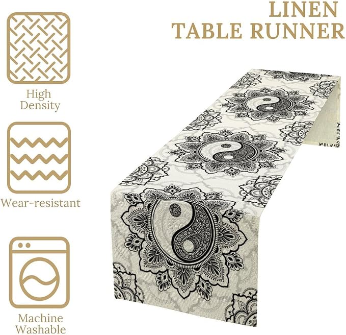 Yin Yang Table Runner, Bohemian Mandala Vintage Black White Traditional - Image 4