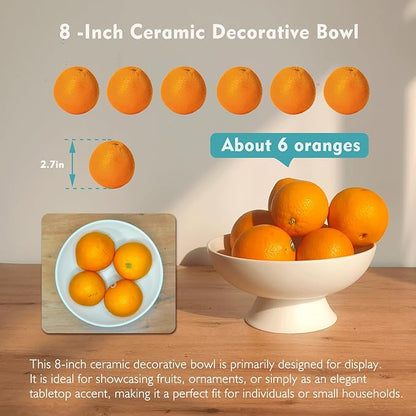 White Pedestal Decorative Bowl - 8" Minimalist Decorative Fruit Bowl for Kitchen Counter, Entryway,Multi-Purpose Centerpiece bowl for Bread, Snacks, Candy, Perfect for Housewarming &Wedding Gift