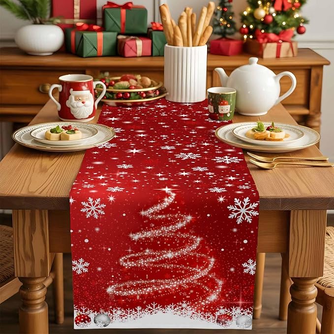 Red Christmas Table Runner 120 Inches Long, Xmas Tree Balls Snowflake Table - Image 5