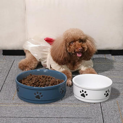 Sweejar Ceramic Dog Bowls with Paw Pattern, Dog Food Dish for Small Dogs, Porcelain Pet Bowl for Water 16 Fl Oz (Fog Blue)