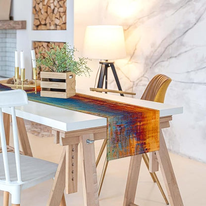 Orange and Blue Table Runner Modern Abstract Messy Rust Painting Linen Dresser - Image 6