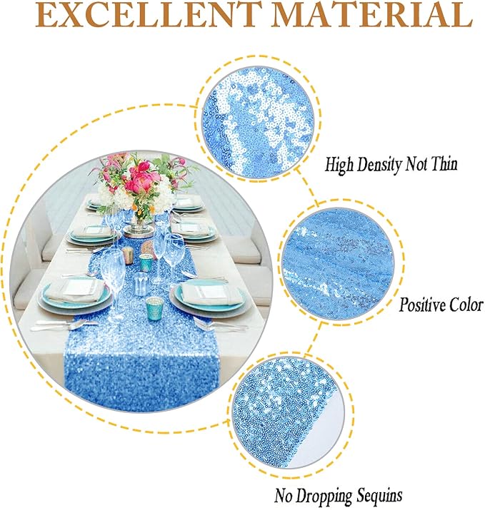 Sequin Table Runner 72Inches Long Baby Blue Table Runner - Image 4
