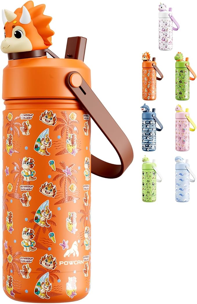 POWCAN 18 oz Kids Water Bottle Insulated: 2-in-1 Straw Spout Lid by POWCAN