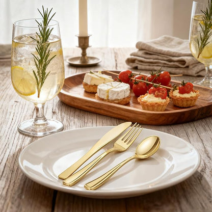 WDF300 Pieces Gold Plastic Silverware - Heavy Duty Disposable Cutlery Set Plastic Gold Silverware Set Includes 100 Forks, 100 Spoons, 100 Knives for Party Valentine’s Day